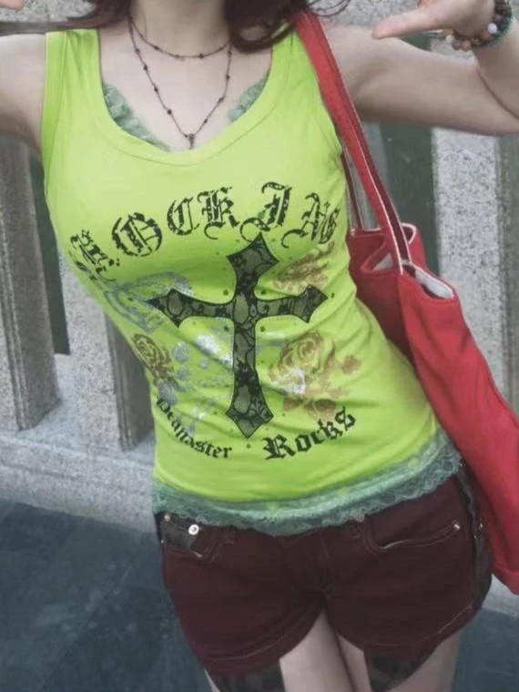 2000s Alt Fashion Sleeveless Tank Neon Green Gothic Letter Skull Cross Floral Lace Hem Slim Fitted Top