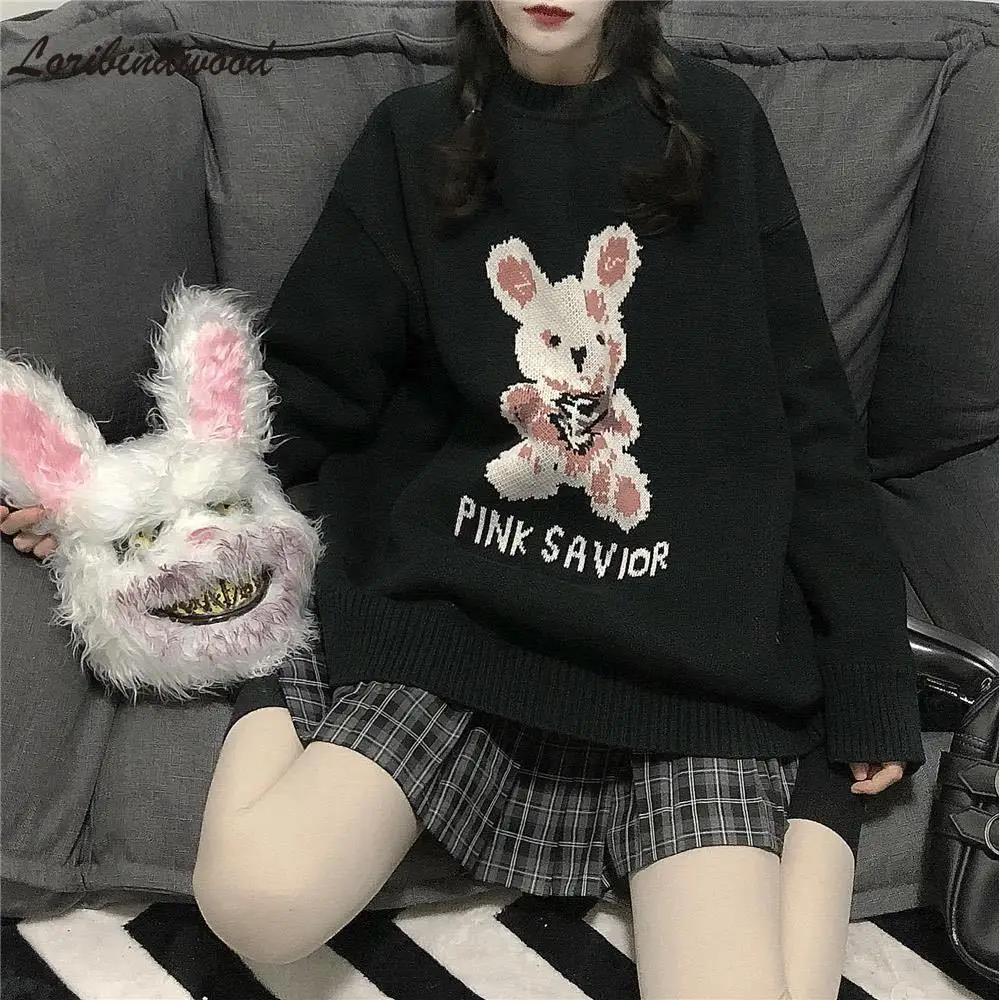 Autumn Winter Harajuku bunny Knitting Sleeve Sweater Casual Long Women Tide Printed Sweater Loose Boyfriend Pullover Gothic punk