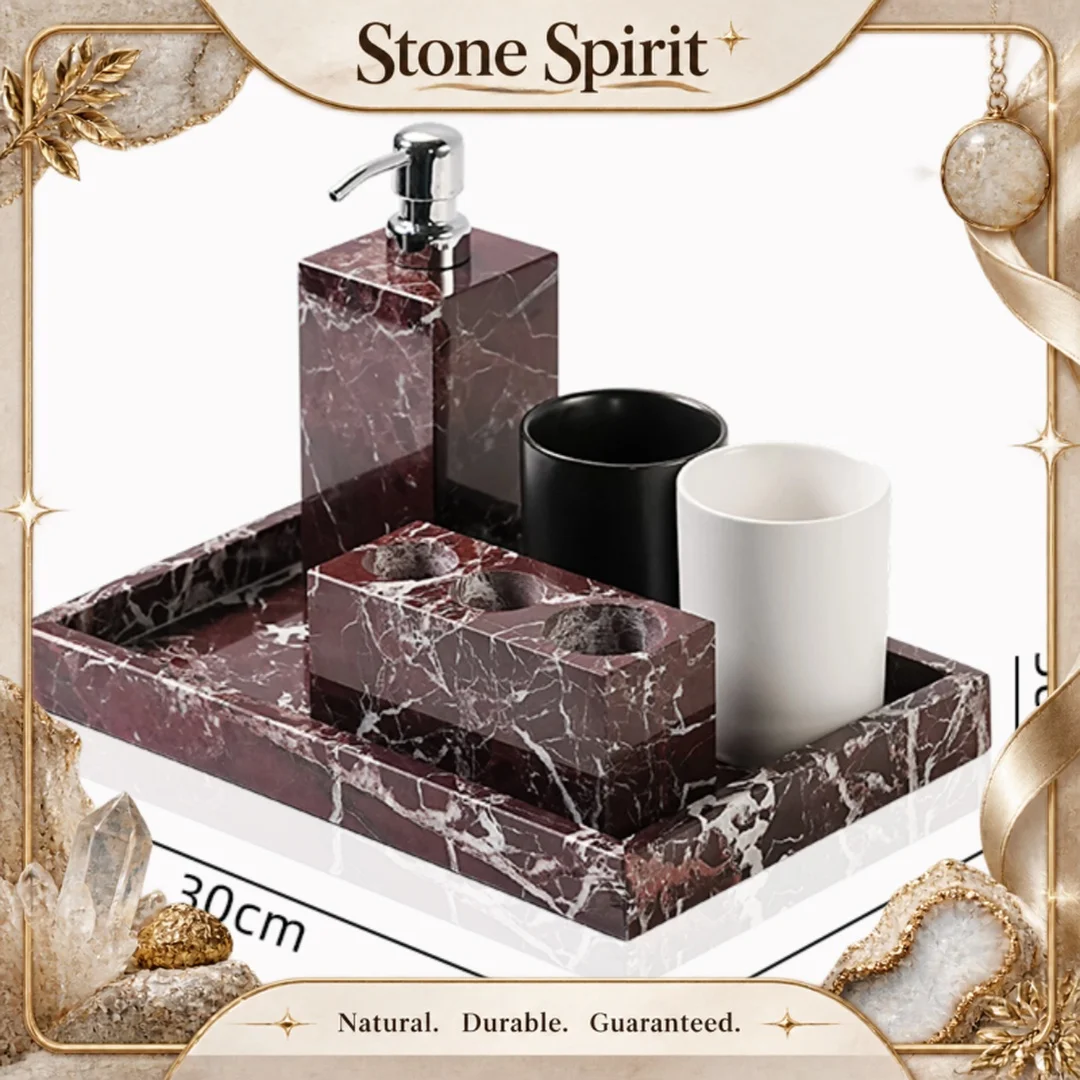 Luxury Natural Marble Rosa Levanto Bathroom Set for Home Decor Toothbrush Holder Mouthwash Cup Storage Tray Soap Dispenser