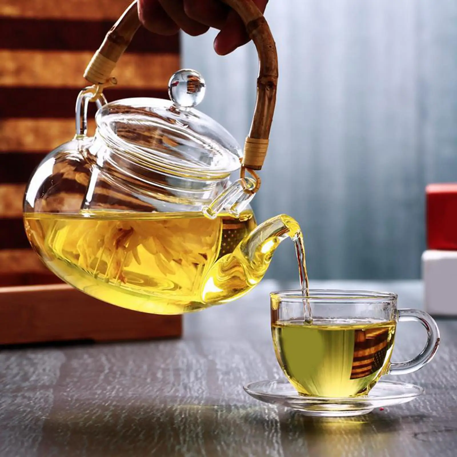 Imagen 4: Tetera de vidrio, mango de madera para agua con infusor, tetera para bebidas