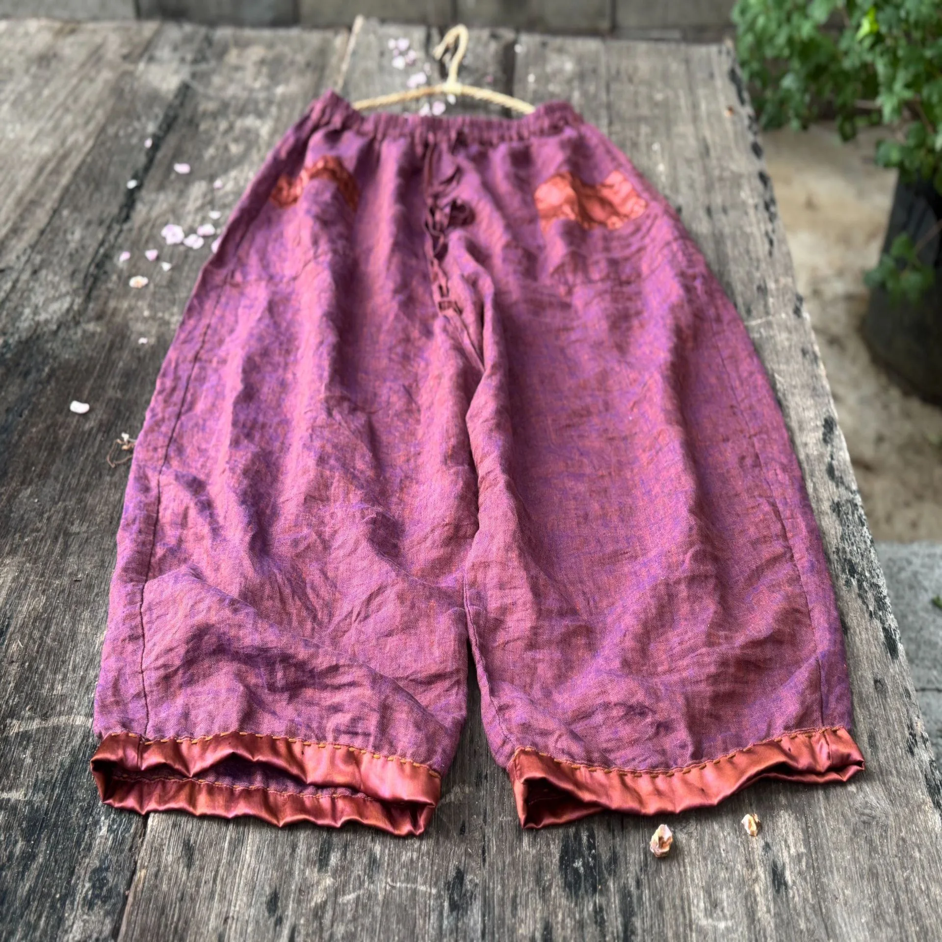 

High Quali Linen Wide Leg Pants Elastic Waist Patchwork Hand Sewn Line Vintage Sle Spring Autumn Women's Casual Trousers