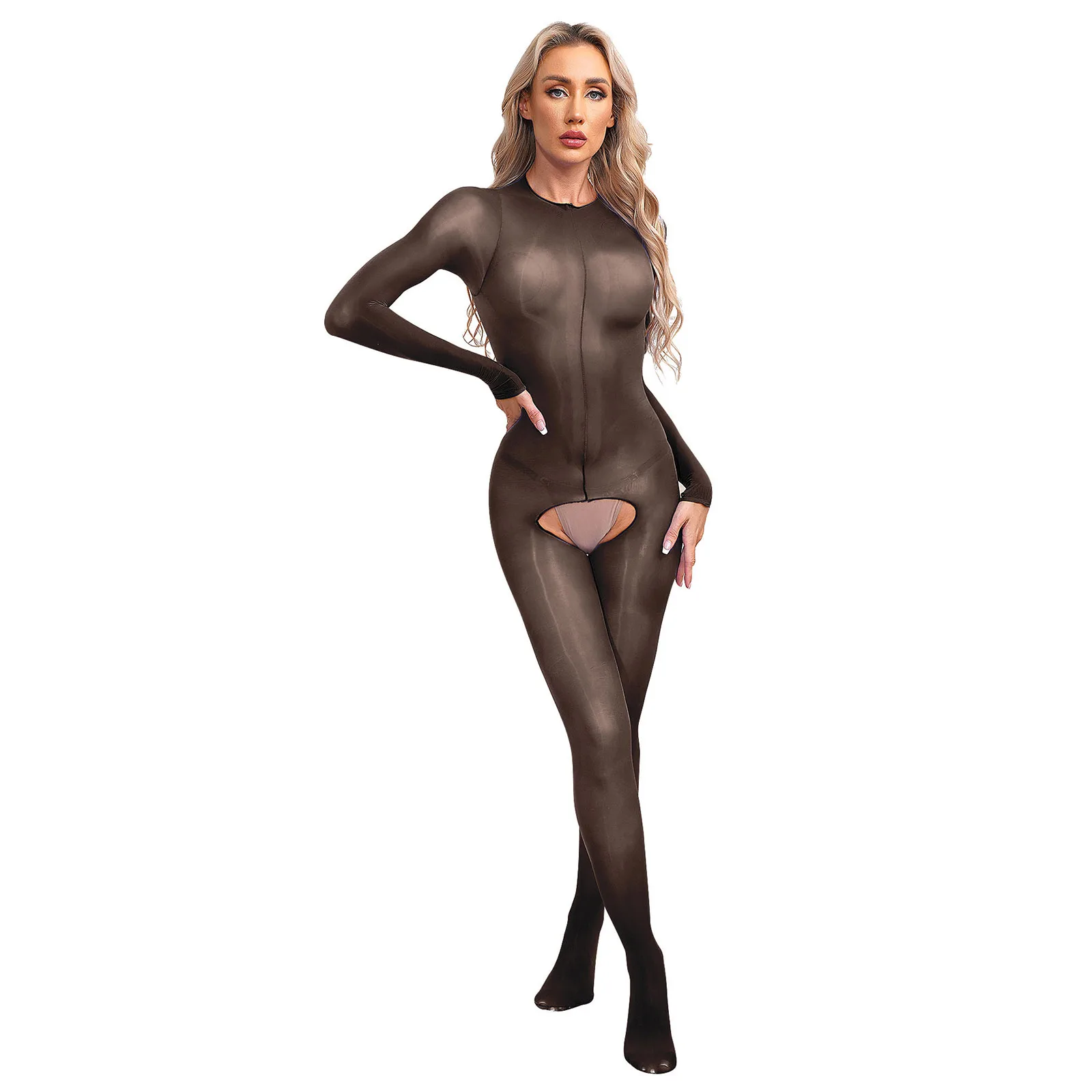 

Womens Lingerie Crotchless Bodysuit Glossy See-Through Bodystocking Long Sleeve Stretchy Jumpsuit Unitard Nightwear Clubwear