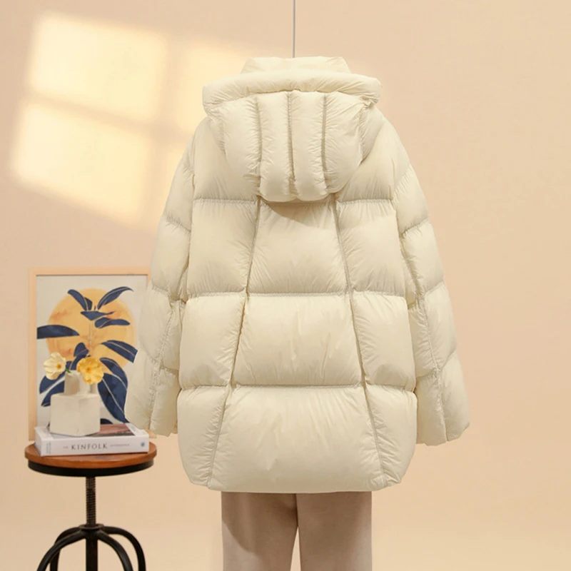 Schinteon feminino pato branco para baixo jaqueta casual solto outono inverno outwear com capuz grosso quente macio e confortável casaco 2025 novo