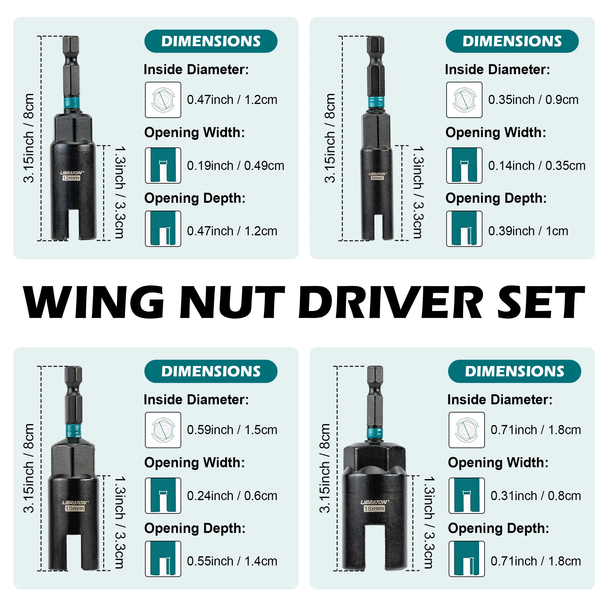 Libraton Wing Nut Driver 4PCS, Wing Nut Driver Bit, 1/4” Hex Shank Wing Nut Driver Set for Hook Bolt Installation, Wire Twisting