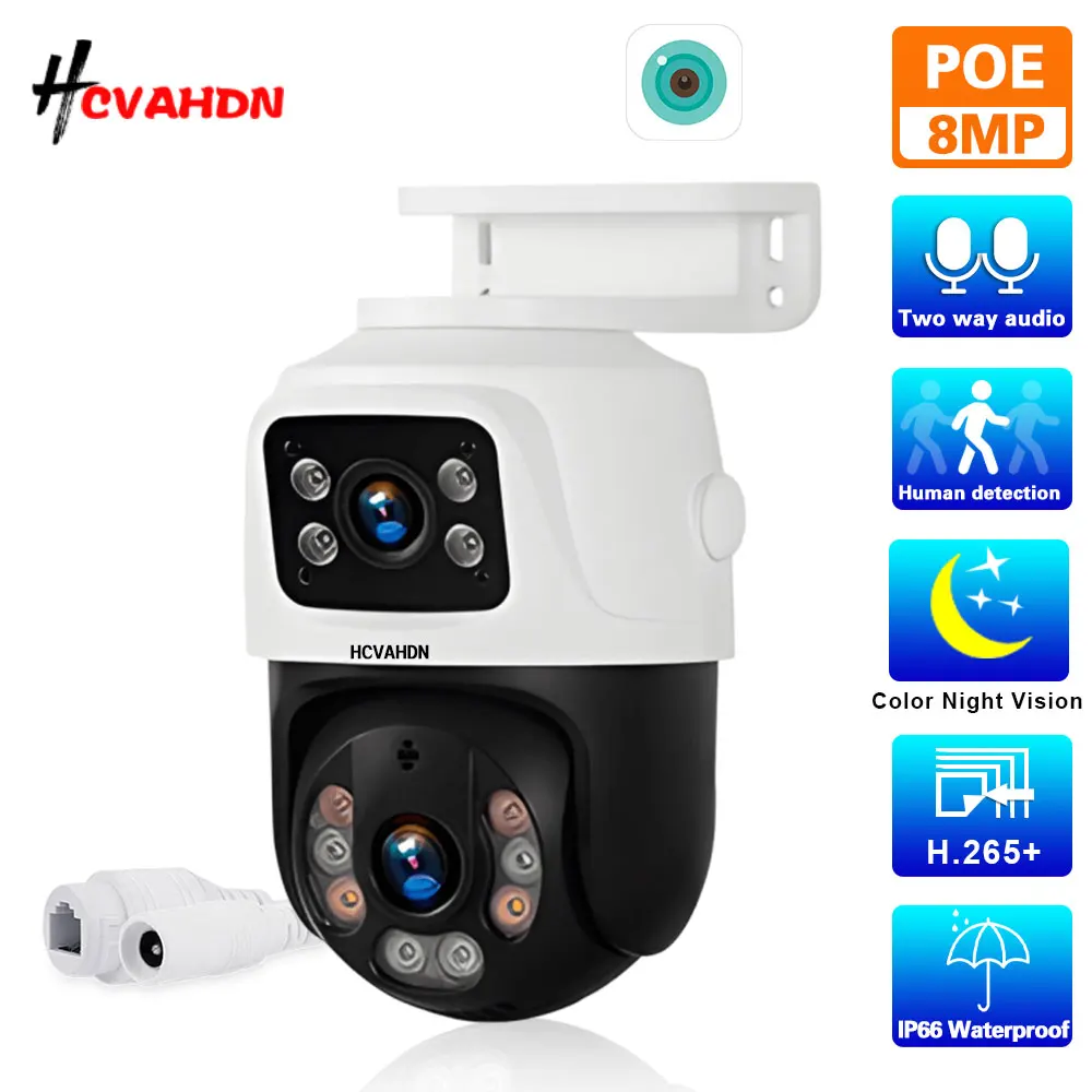 4K 8MP POE PTZ IP Security Camera Outdoor Dual Lens Dual Screen Ai Human Auto Tracking CCTV Surveillance Camera Two Way Audio