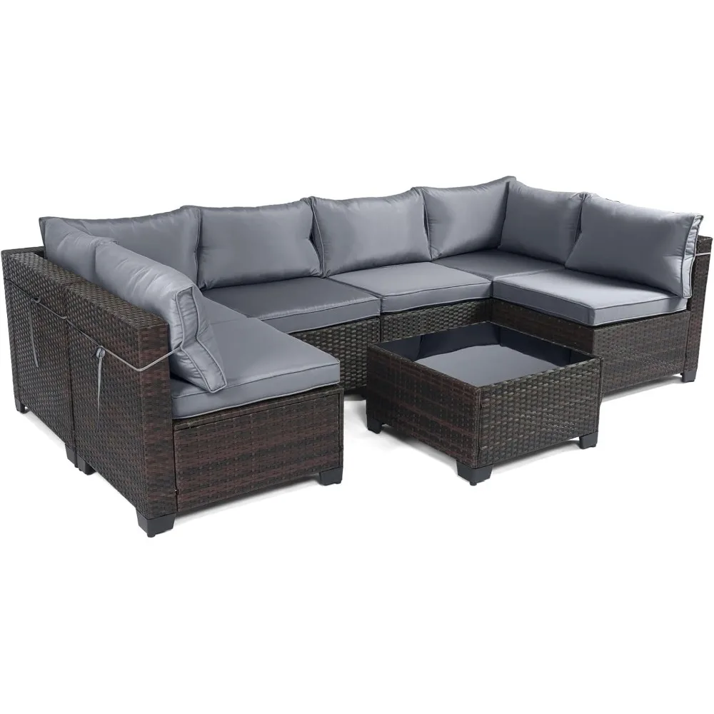 

"7-Piece Outdoor Patio Furniture Set, Rattan Wicker Conversation Sectional, Sofa with Manual Woven Tea Table"