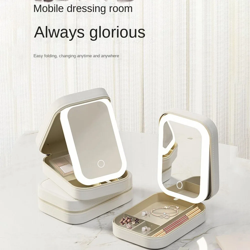 Mini LED Makeup Mirror Leather Case Foldable Vanity Mirror 360° Rotation Built-in LED Lights Cosmetic Case Travel Essential