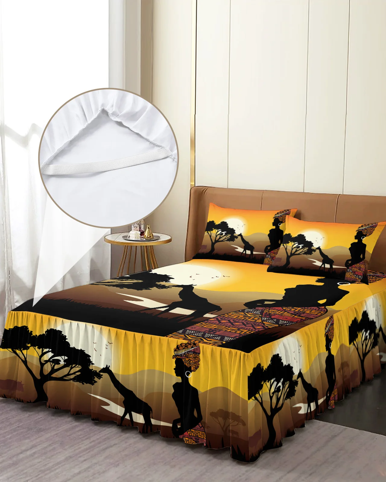 African Woman Giraffe Silhouettes Bed Skirt Elastic Fitted Bedspread With Pillowcases Mattress Cover Bedding Set Bed Sheet