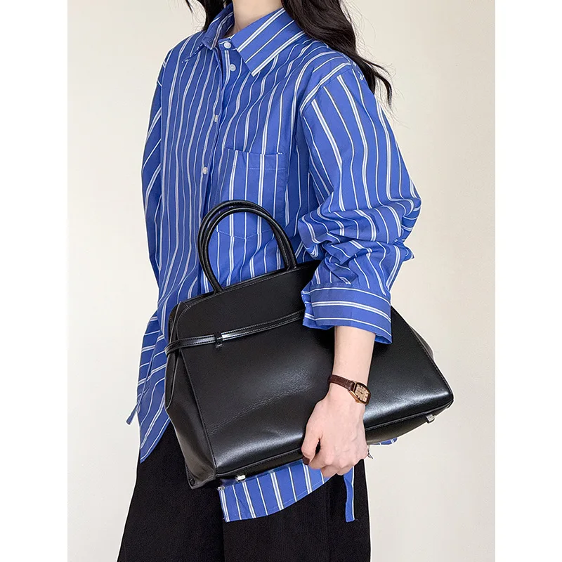 

Корейская женская синяя рубашка с длинными рукавами, осенняя темпераментная ниша, свободная полосатая рубашка больших размеров, топ, свободный и утягивающий