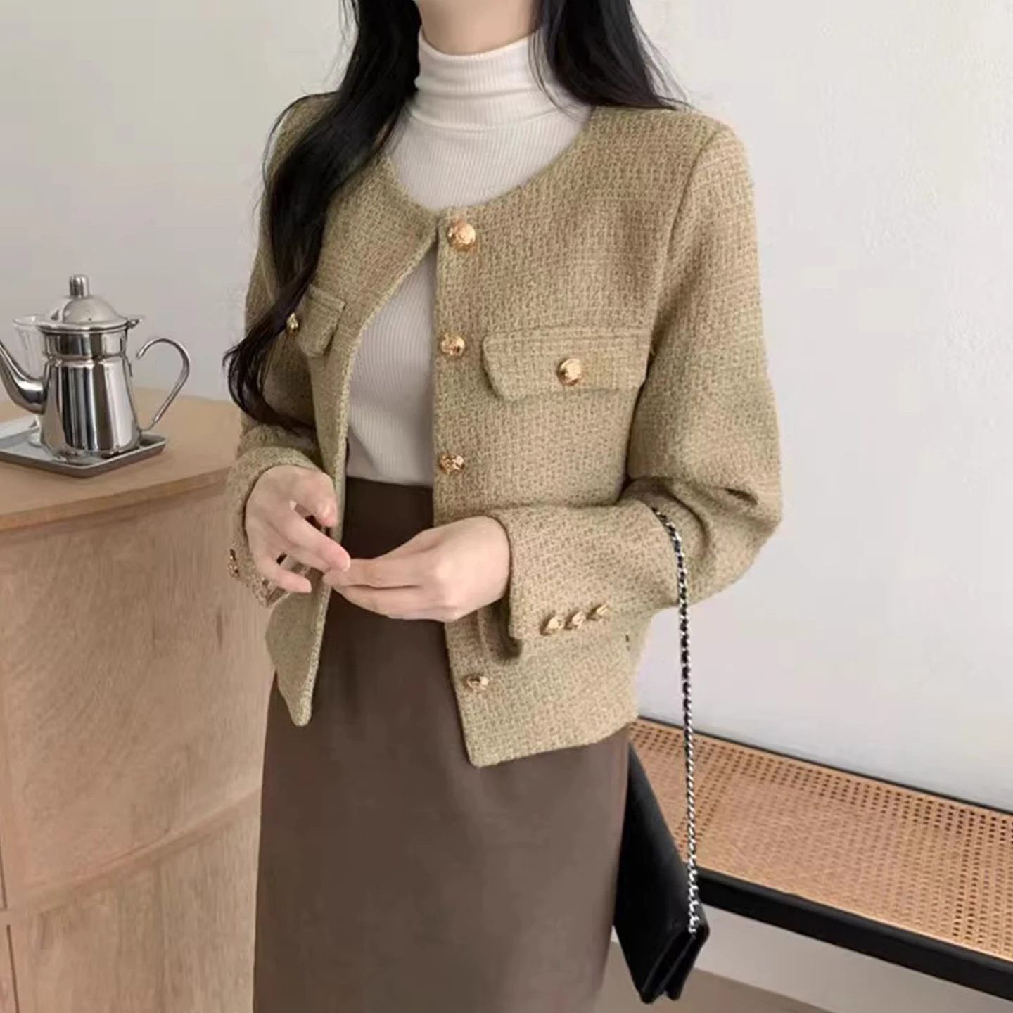 

Chic Retro round Ne Metal Single Button Long Sve ketl Outerwear Women's Faion Sle Commute Sle Loose Fit Pure...