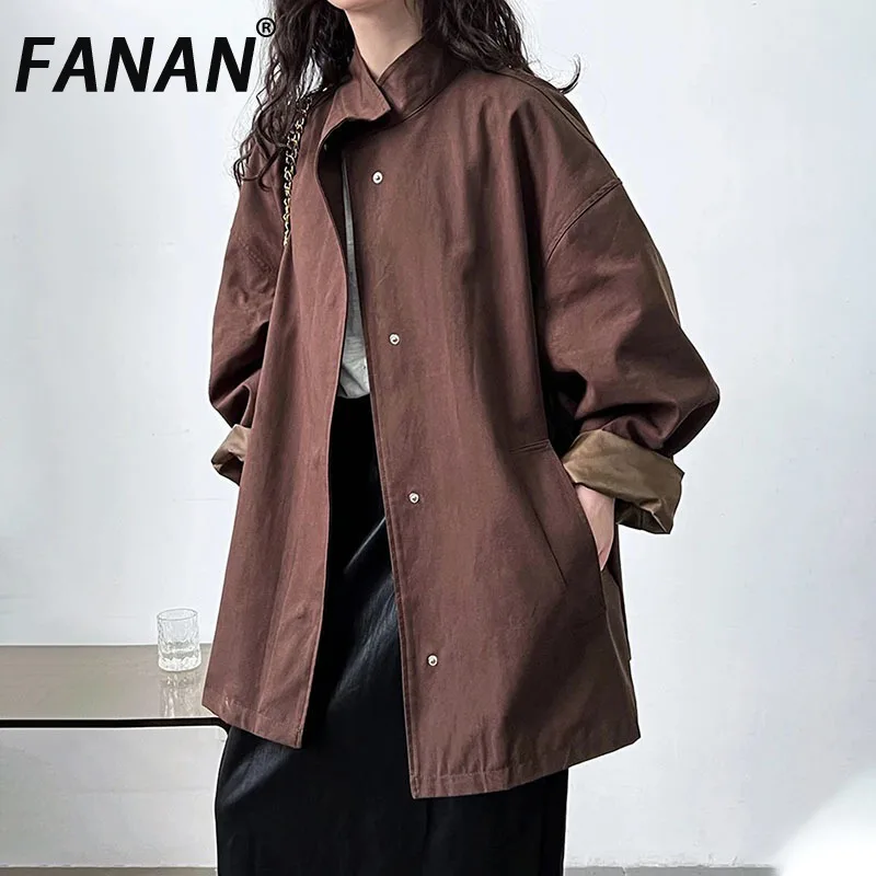 

FANAN Loose Mid-length Trench Women's Stand Neck Single Breasted Long Sleeve Office Lady Jackets Fashion Coats 2025 New Spring