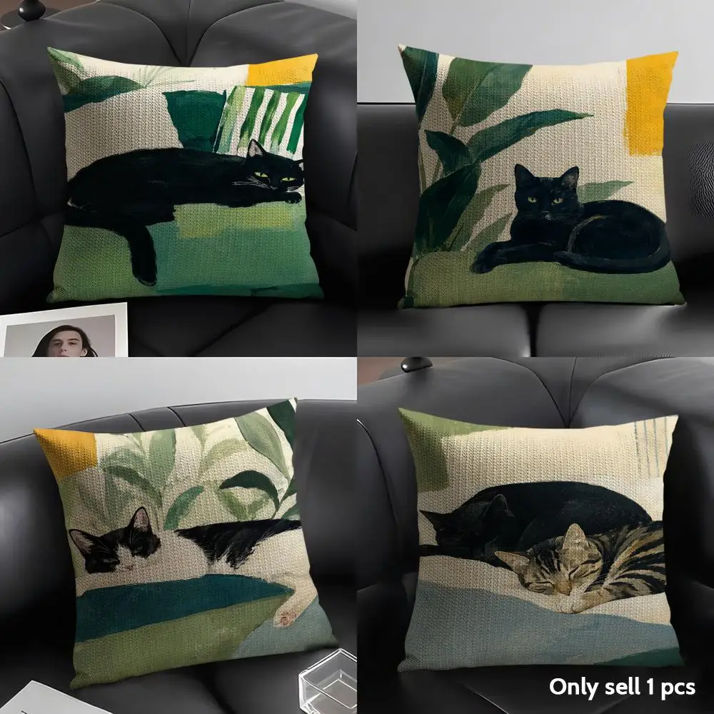 Sleeping Tuxedo Cat Cushion Cover Breathable Linen Organic Fabric Double-Sided Printing Sofa Pillow Case Home Decor