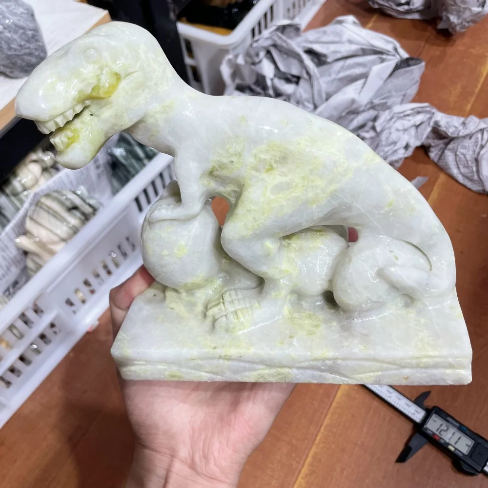 Natural Yellow Jade Stone T-Rex Dinosaur Carving Tyrannosaurus Rex With Dinosaur Egg Stone Sculpture Home Decoration Gift