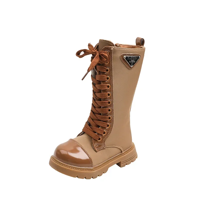 Botas de moda para chicas, otoño, nuevas botas altas y largas con correa cruzada para chico, zapatos para niños de Color sólido, botas de cuero de