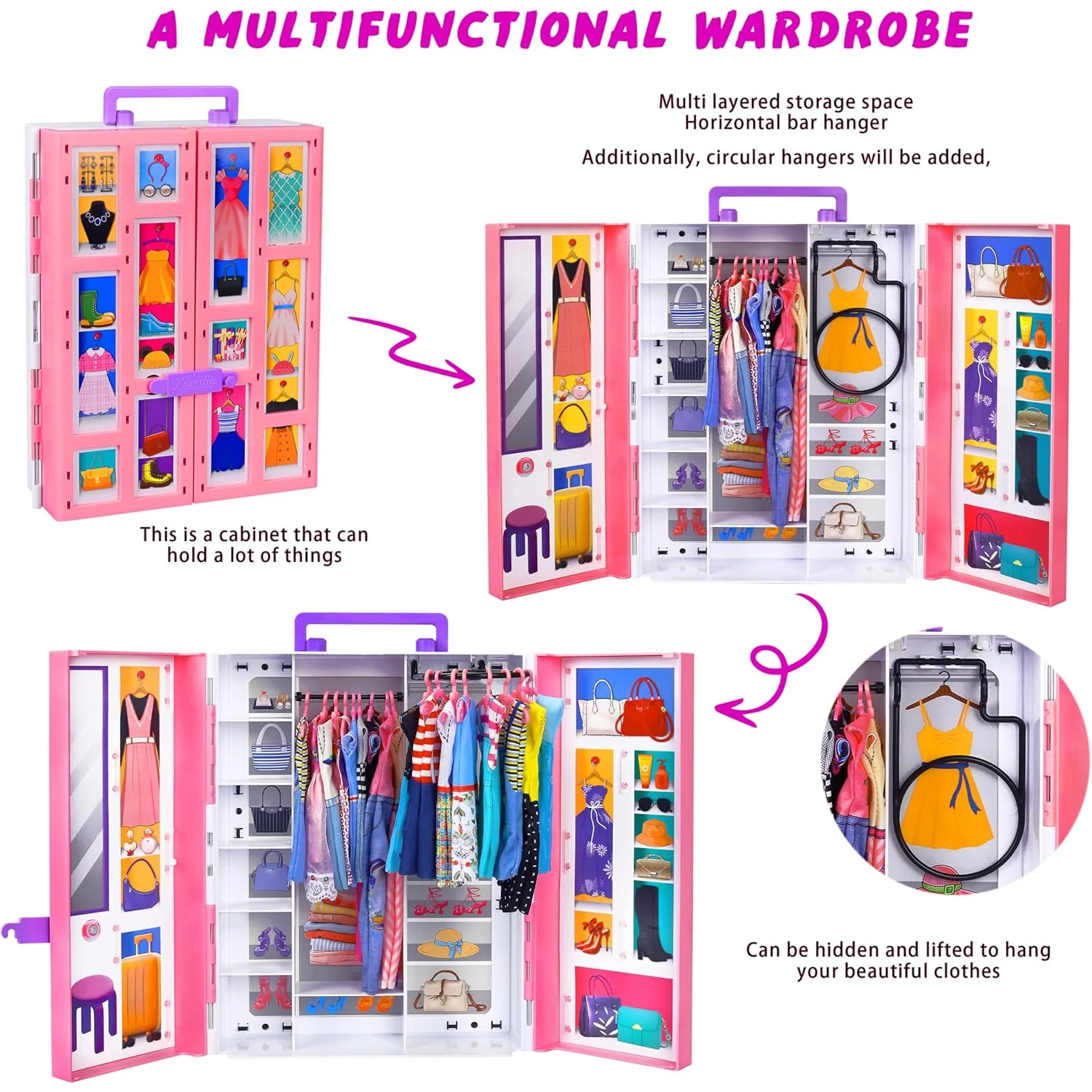 33pcs Fashion Princess Wardrobe Set Pink Dreamy Style with Clothes and Accessories Exquisite Storage Doll Dress-Up Playset Gift