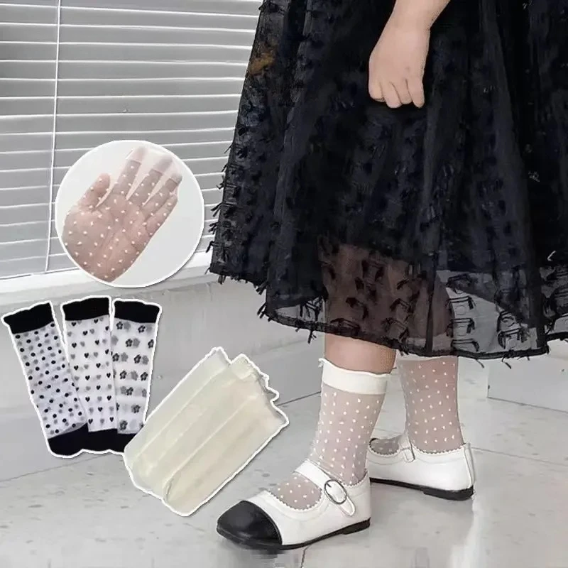 2-12Yr Baby Girls Glass Socks Cute White Princess Ruffle Sock Summer Ultrathin Soft Lace Heart-shaped Dot Printed Pile Stockings