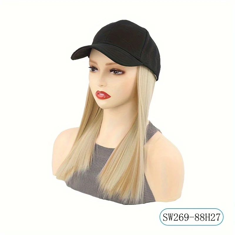 Wig topi 18 inci sintetis wig rambut lurus panjang dengan topi bisbol wig sintetis untuk wanita dengan topi hitam Fashion