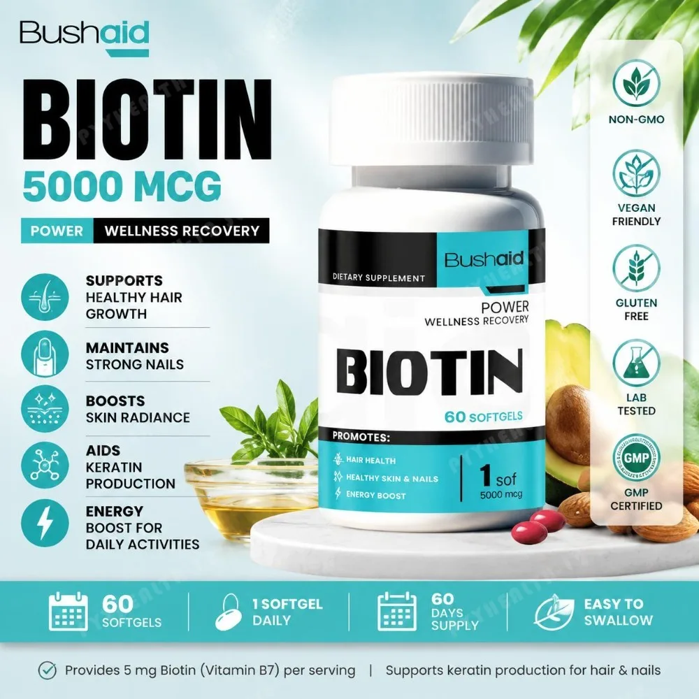 Bushaid Bushaid Biotin 5000mcg Softgels Hair Skin Nails Vitamin B7 Keratin Support Energy Non-GMO Gluten Free 60 Softgels 60 Day - Aliexpress Deal