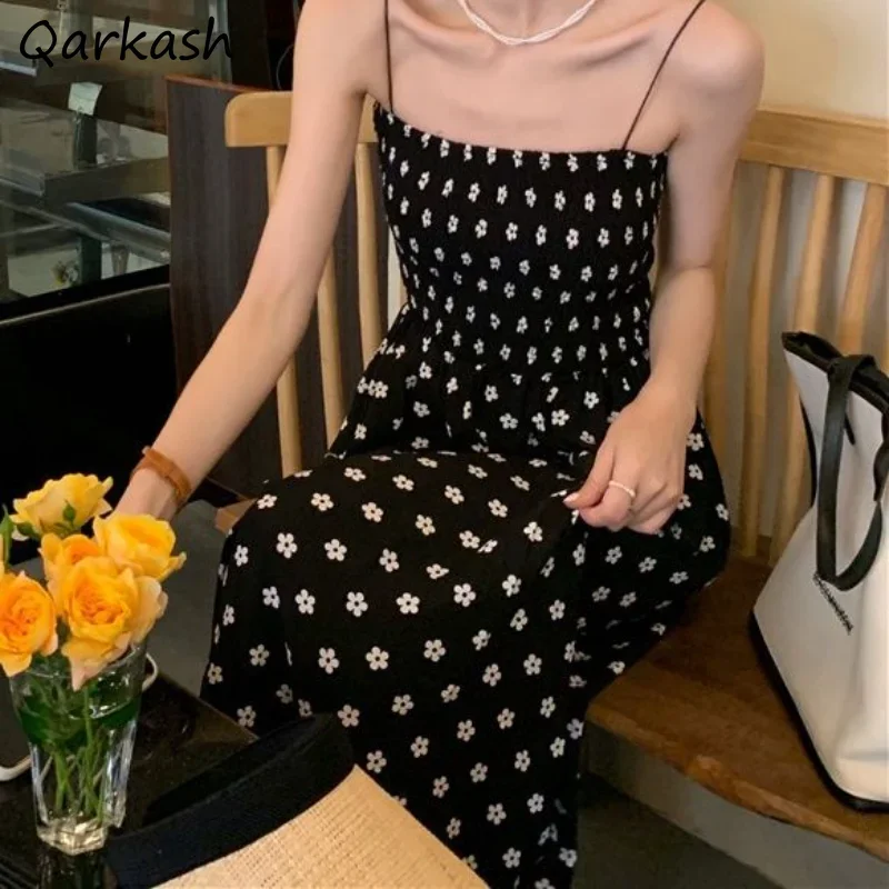 

Floral Midi Dresses Women Sleeveless High Waist Spaghetti Strap Summer for Ladies Vintage Retro Korean Style Elegant Vestidos