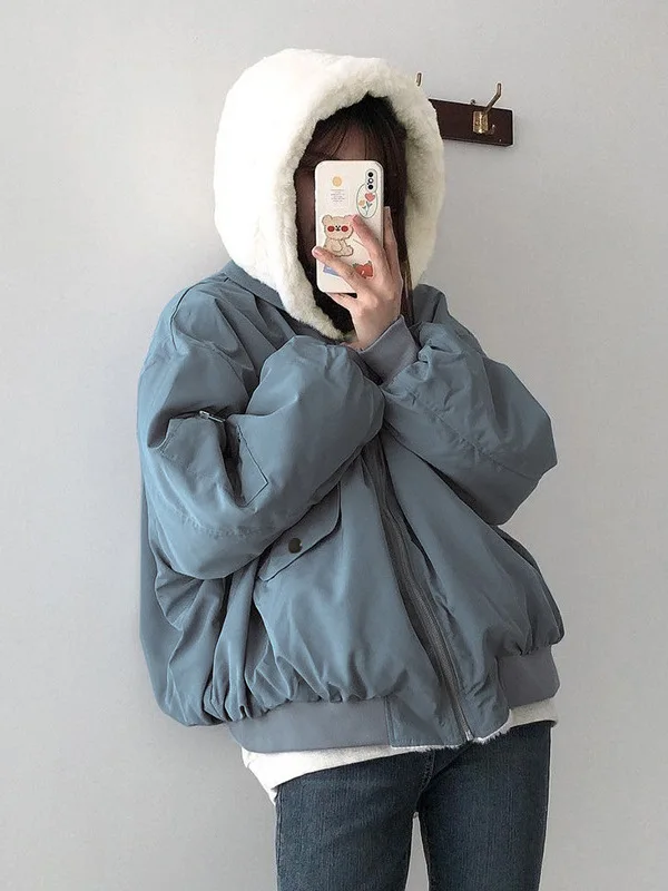 

Warm Furry Women's Hooded Zipper Long Sve Top Autumn Winter Casual Color Double-Sided Wear Knitted Outerwear