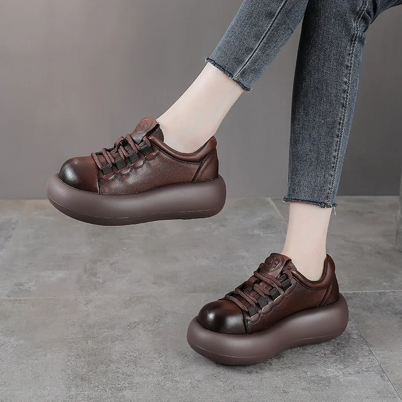 Leather shoes 2026 Spring and Autumn top cowhide casual single shoes  sponge cake thick soled women's shoes