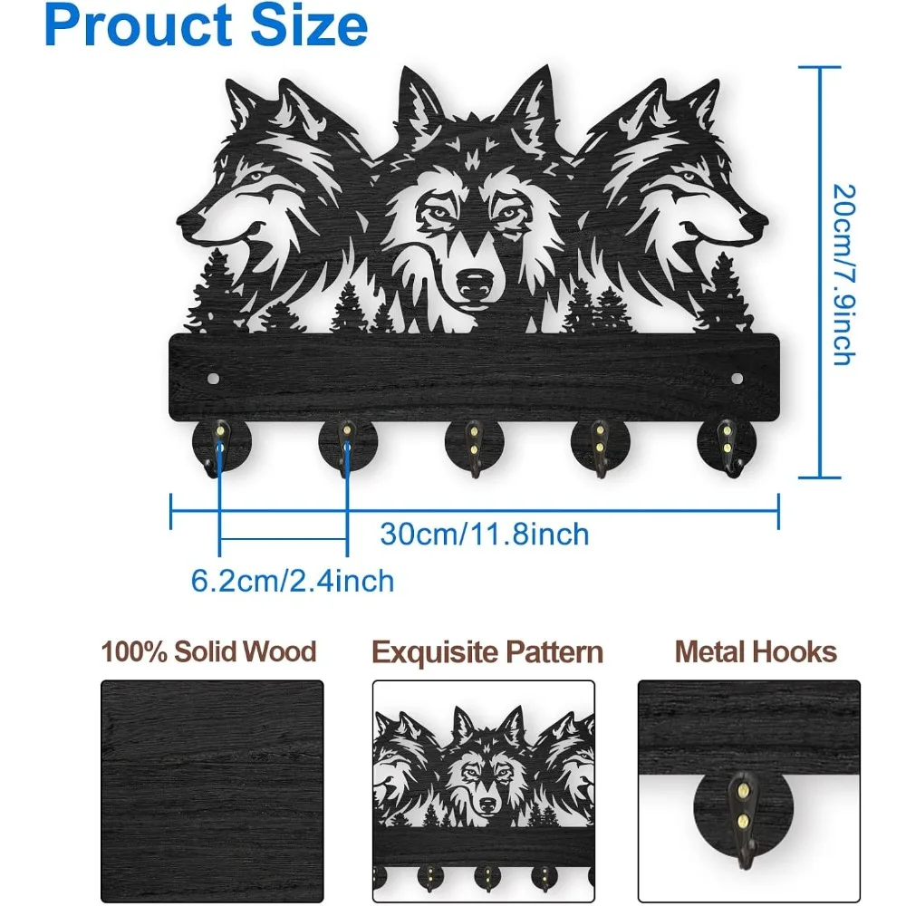 Wood Wolf Wall Mount Coat Rack 11.8×8inch Wolf Forest Key Holder for Wall Coat Rack Wolf Key Hook 5 Alloy Hooks Animal Theme