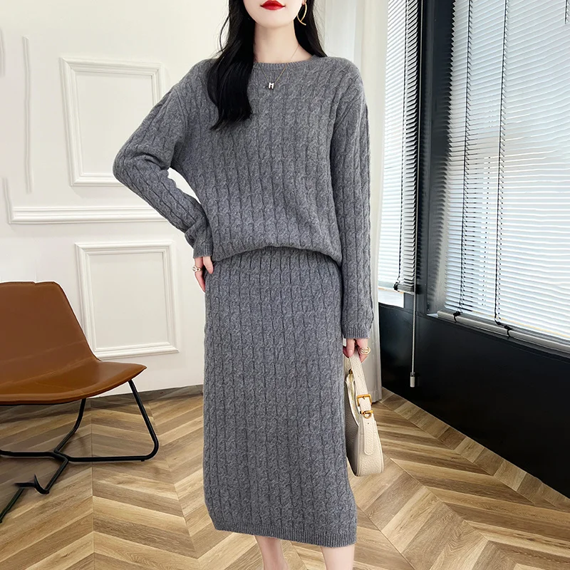 Fall/Winter New Women's 100% Wool Knitted Round Neck Loose Sweater Wearing Cashmere Skirt Two-piece Set