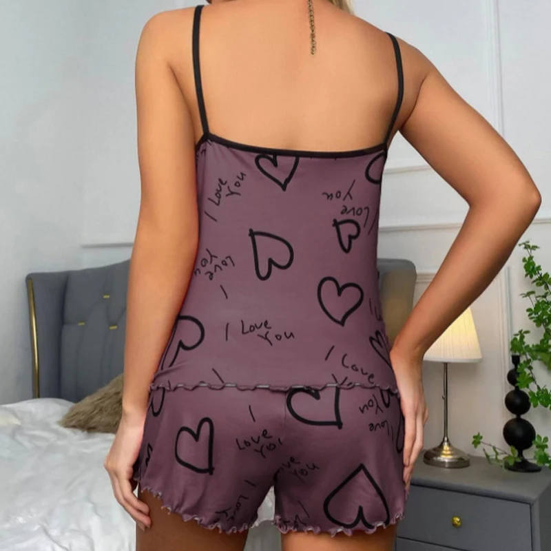 Sexy Summer Women Pajamas Set Heart Print Sleepwear Cotton Home Clothes Tops And Shorts Cute Soft Sleeveless Nightwear XXXL