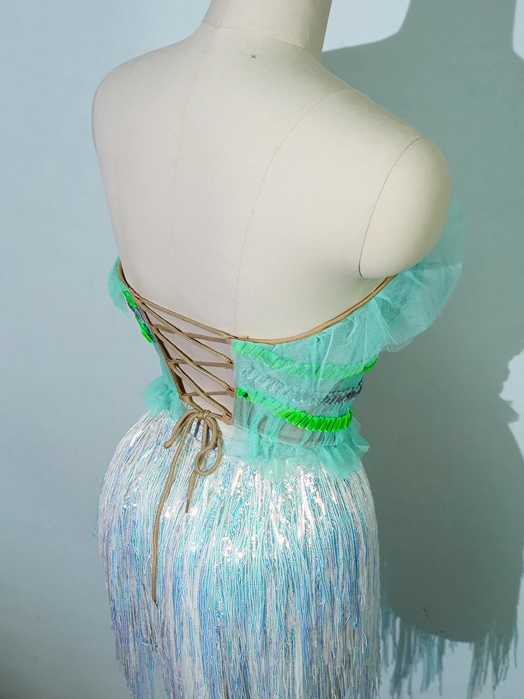 Nueva Falda corta de 2 piezas con borlas de Drag Queen de cristal Sexy vestido de fiesta de cumpleaños para mujer disfraz de escenario actuación de bailarina de Club