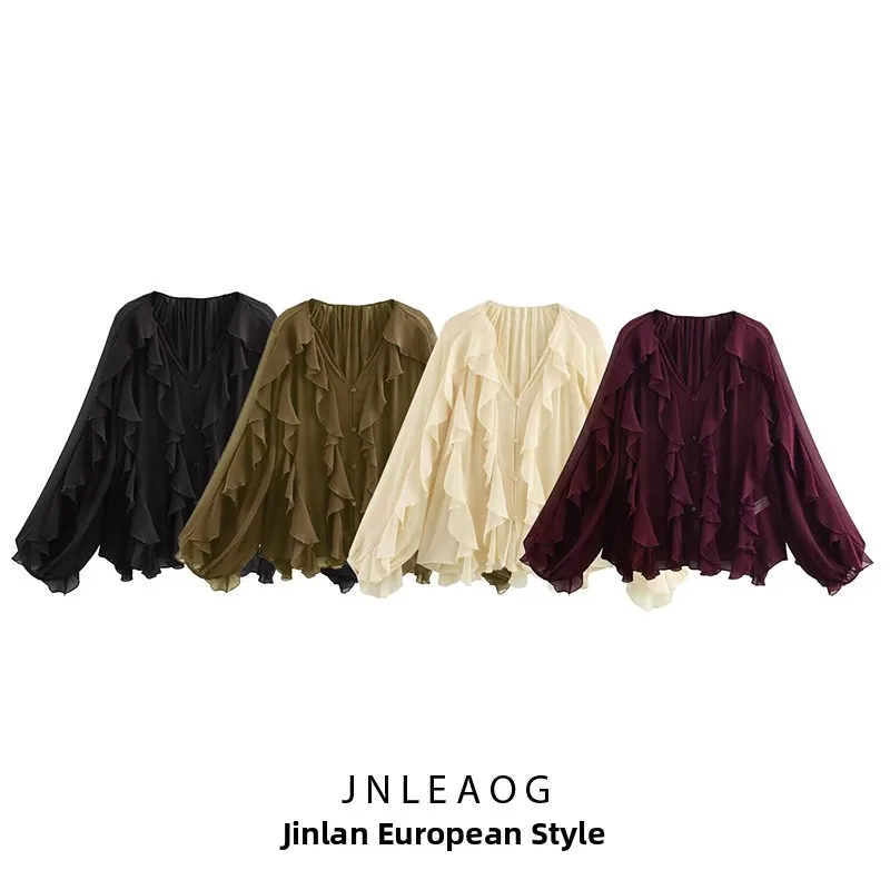 

Faionable Layered Decorated Women's irt JNLEAOG Spring New Arrival Coffee Color Series Loose Fit Long Sve V-Ne Polye...