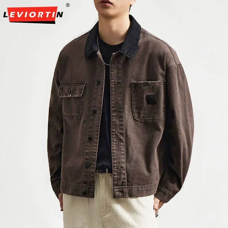 Men's Retro Washed Distressed Denim Jacket Loose Fit Vintage Workwear Utility Coats Chest Pockets Contrast Stitching Jean Jacket