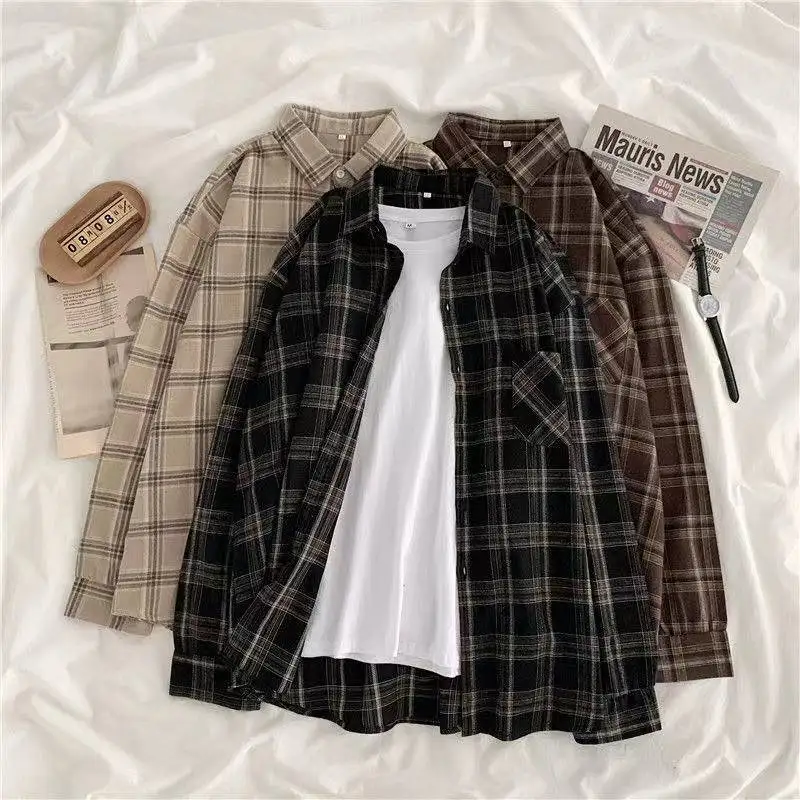 Vintage Women Plaid Shirts Autumn Long Sleeve Oversize Button Up Tops Korean Loose Casual Fall Outwear Female Shirts 2023