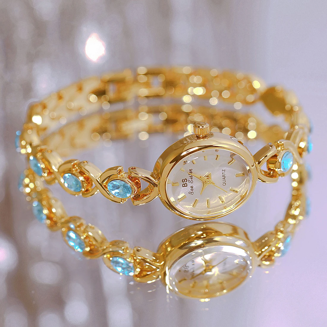 2024 New In Women\'s Watches Gold Silver Bracelet Wristwatch Oval Glacier Sapphire Luxury Watch For Women Waterproof