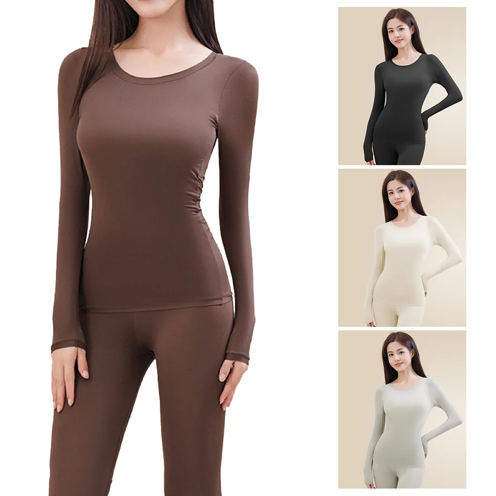 1set Women's Long Sleeve Thermal Underwear Set with Chest Pad Hyaluronic Acid Skin Beauty Clothes Slim Fit Base Warmth Ensemble