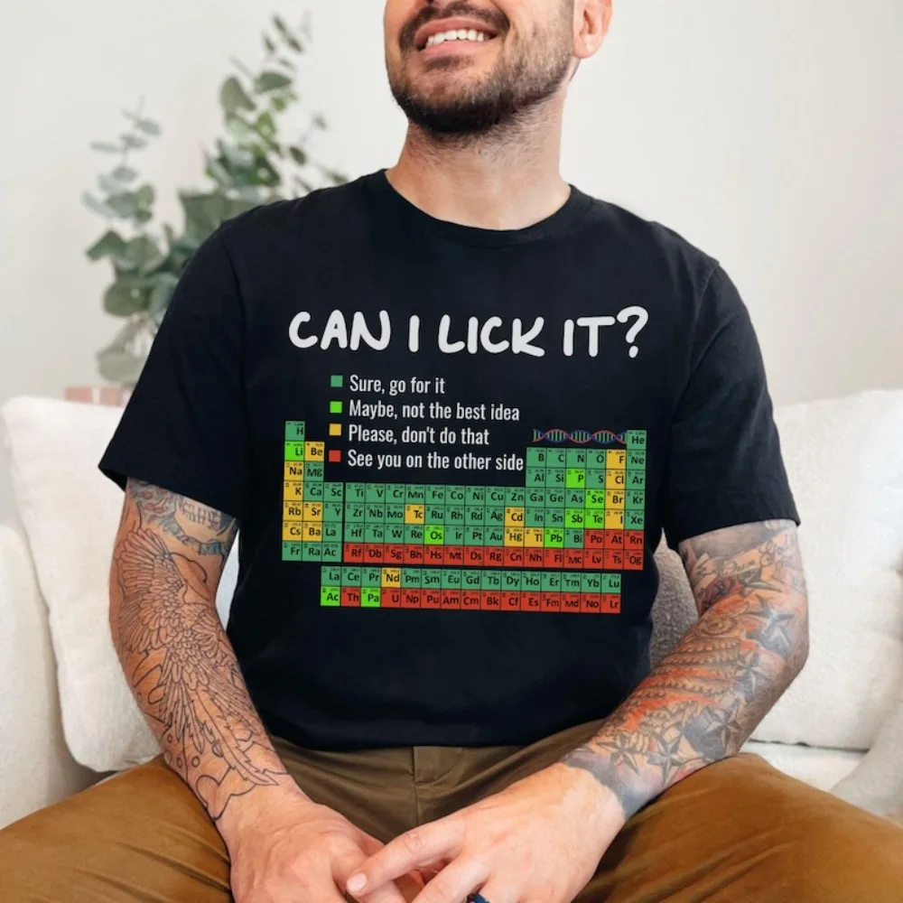 Camiseta divertida de tabla periódica Can I Lick It, camiseta gráfica de ciencia divertida, camiseta novedosa humorística para ropa informal para hombres y mujeres, Tops de algodón