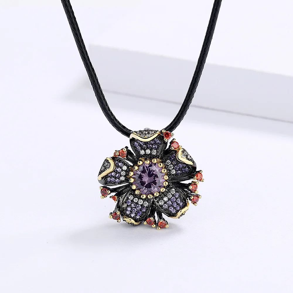 

Exaggerated Personality Flower Necklace for Women Sun Flower Purple AAAA Zircon Clavicle Black Gold-color Jewelry Sweater Chain