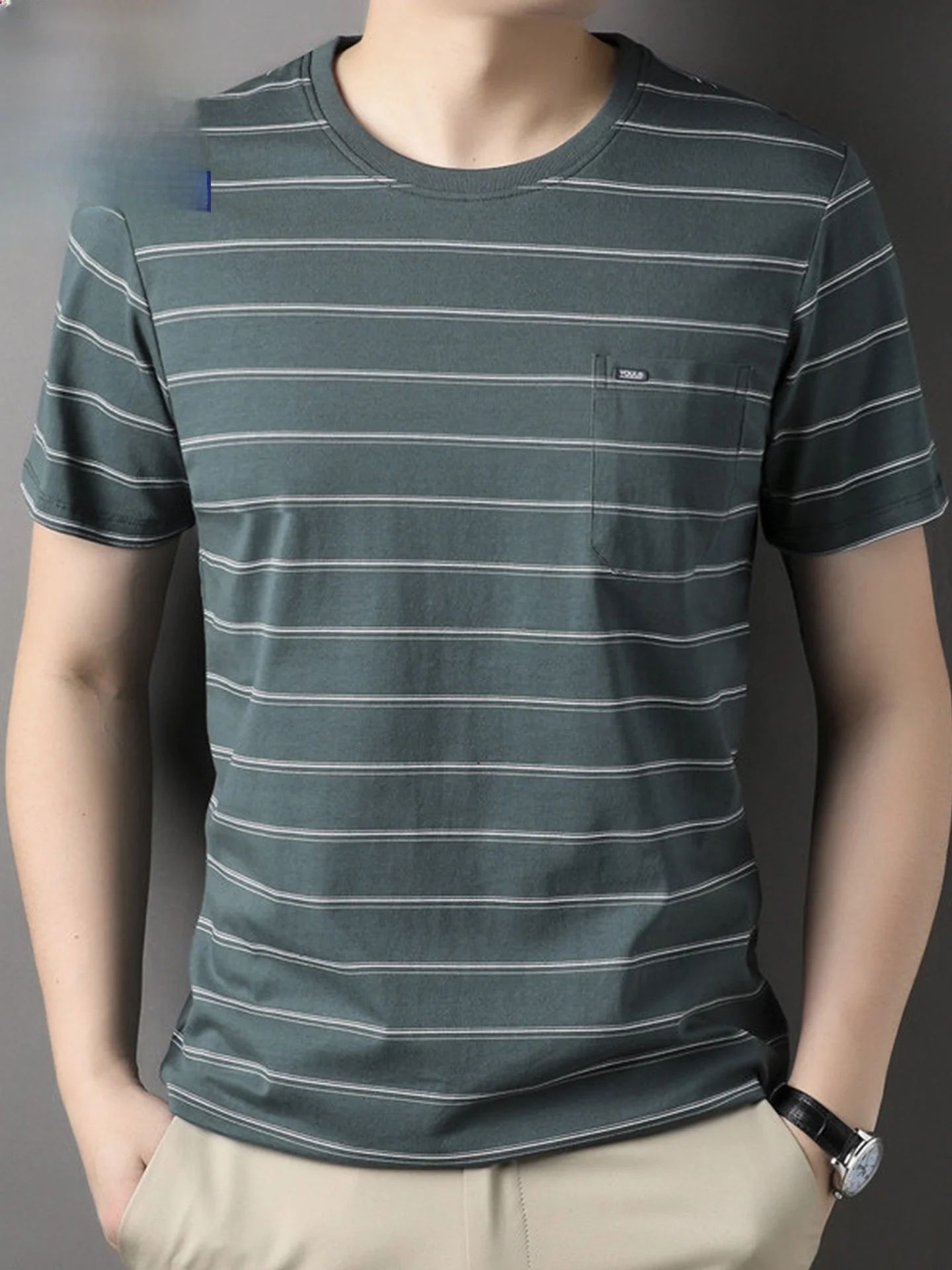 

Летняя повседневная хлопковая футболка с коротким рукавом для мужчин среднего возраста, с круглым вырезом, в полоску, дышащая, свободного кроя, в деловом стиле