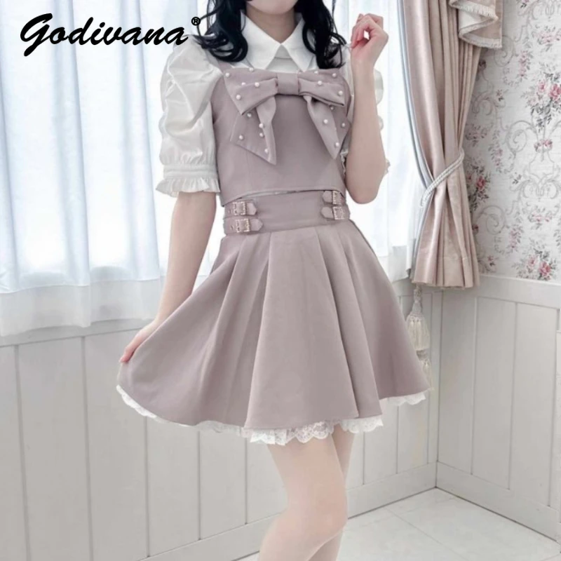 

Japanese Style Sweet Girls Summer Slim Pearl Bow Vest Corset Short Sleeve Shirt Short Skirt 3 Piece Suit Women Outfits