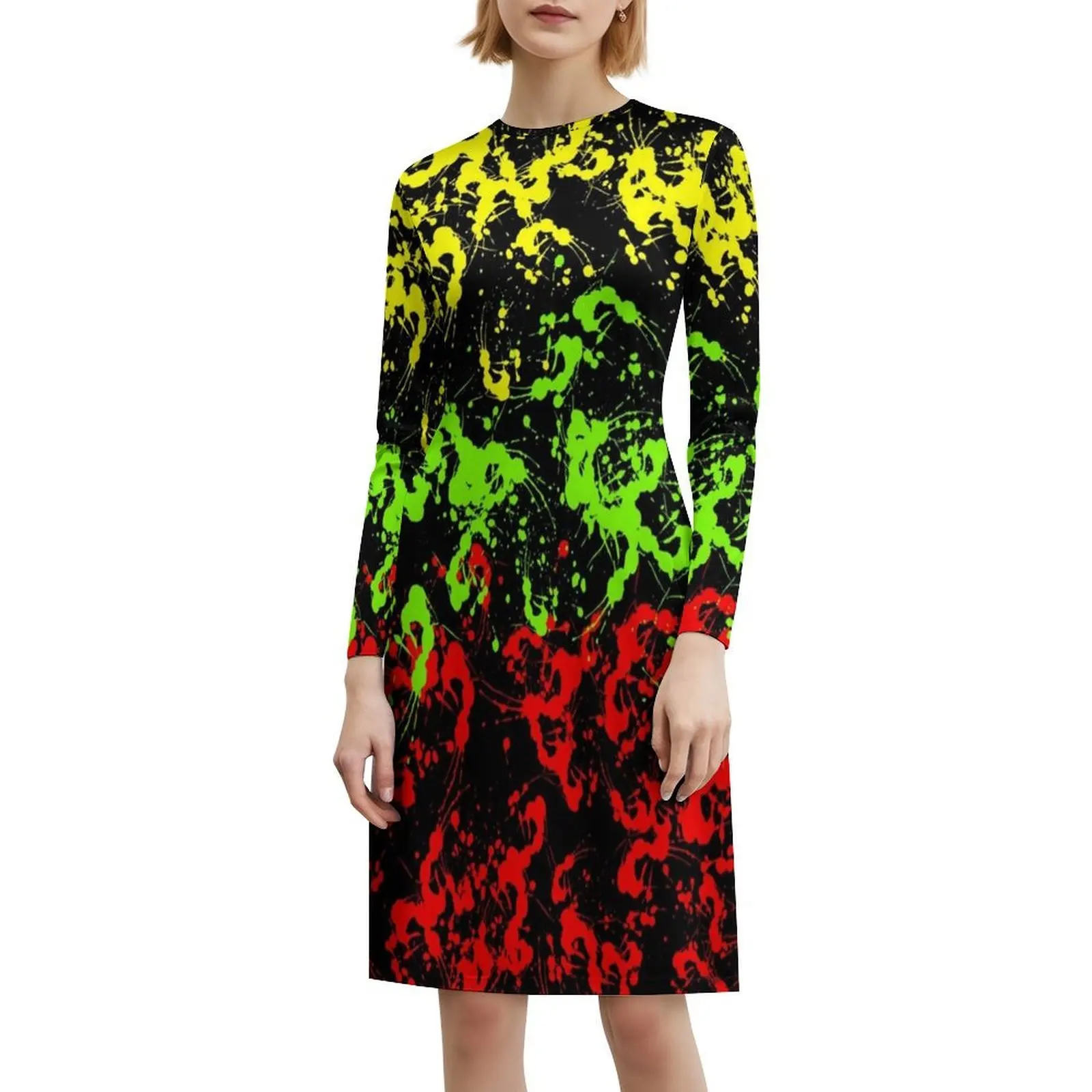 الراستا الطلاء ترشيش الكورية نمط فستان كاجوال للنساء بسيط اليومية مكتب سيدة فساتين الطلاء ترشيش جامايكا الراستا #6