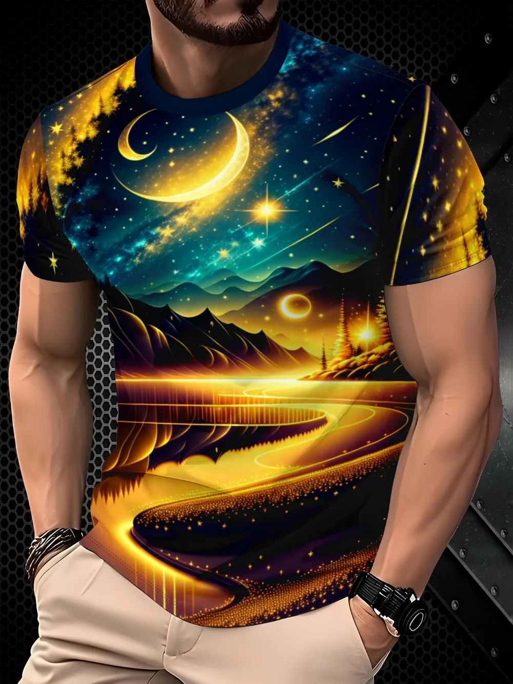 Cosmic Star Sky Landscape 3DPrint T‑Shirt Glowing Moon River Mountain Graphic Tee Dreamy Nature Art Casual Short Sleeve Tops Men