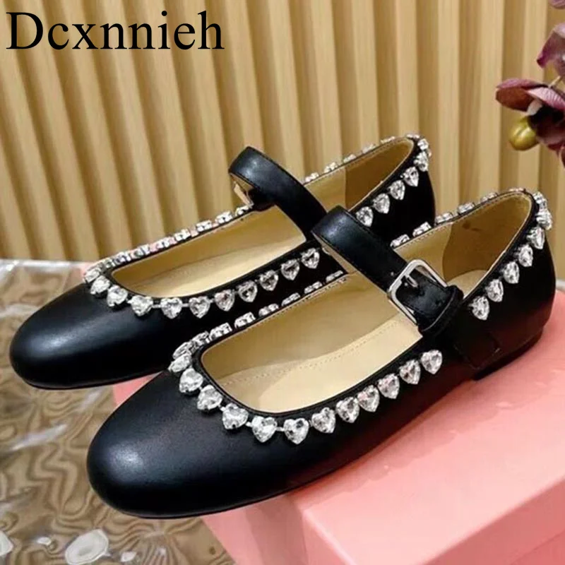 

Spring Autumn Genuine Leather Solid Color Flat Shoes Women's Crystal Decor Ballet Shoes Round Toe Single Shoes Boats Shoes