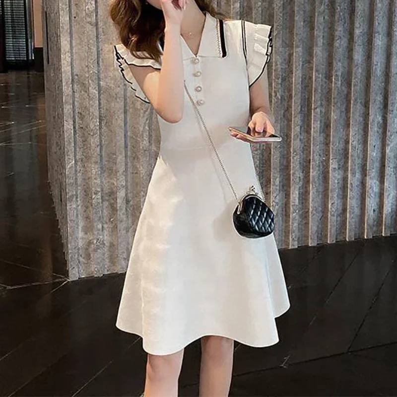 

Women Preppy Style Buttons Short Sleeved Knit Dress Contrast Color Stripes Turn-down Collar Dress Summer Mid-Length Casual Dress