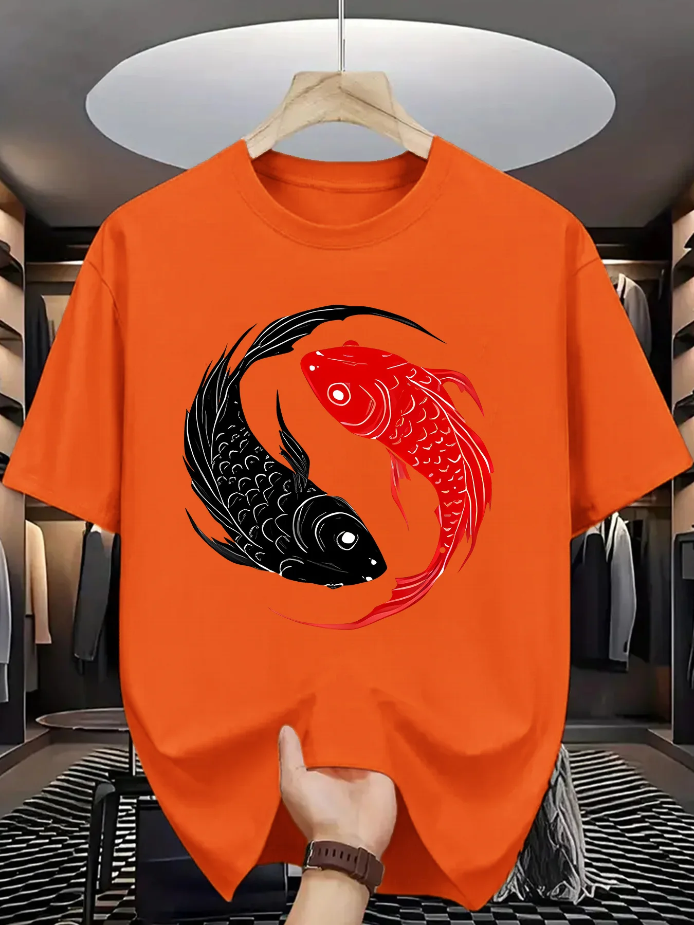 Yin Yang Koi Print Men Short Sleeve Tshirt Black And Red Carp Oriental Symbol O Neck Tee Eastern Style Male Street Fashion Tops