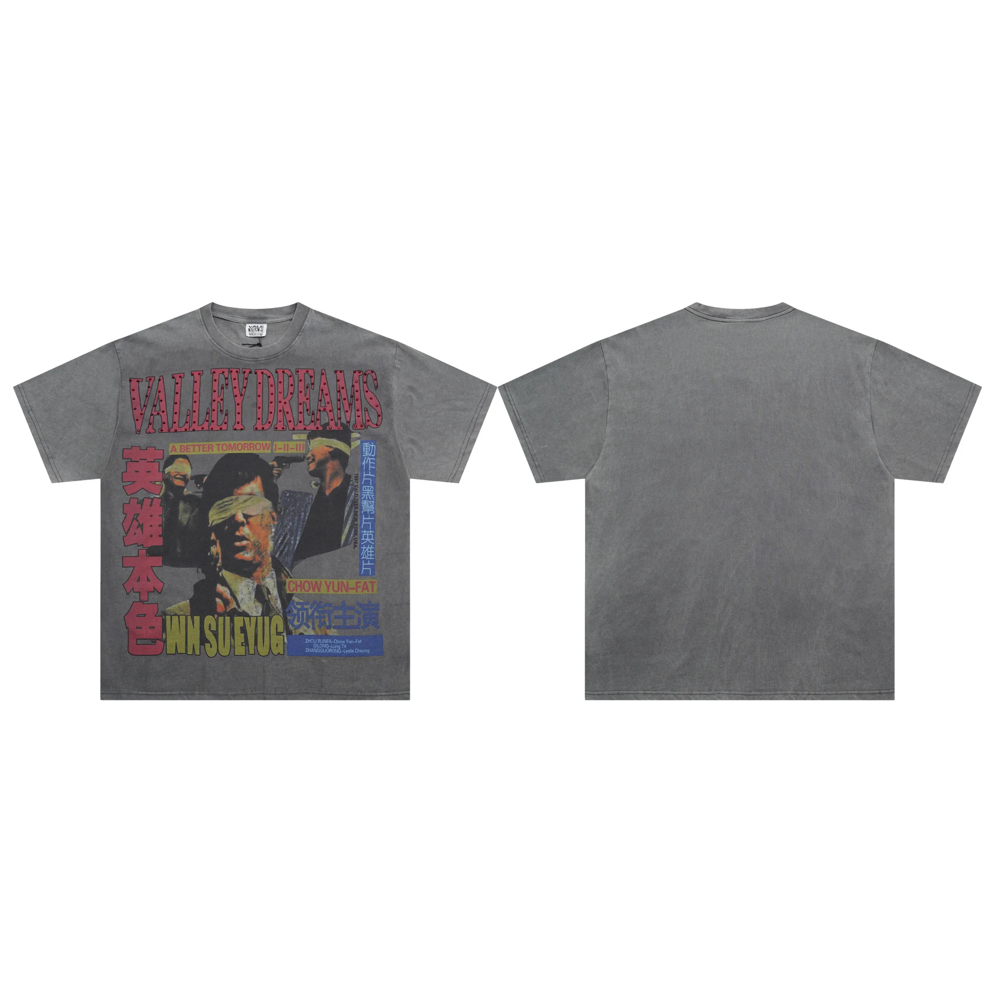 

V Valley Retro Movie Print Rhinestone Waed Vintage Hip Hop Men's Pure Cotton round Ne ort Sve T-irt Streetwear ...