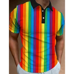 3D Color Rainbow Stripe Print Polo T Shirt For Men Fashion Lapel Short Sleeve Shirts Oversized Casual Golf Blouse Buttons Tops