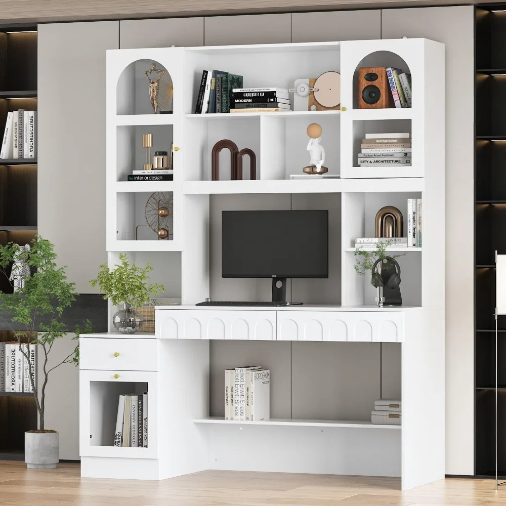 

Computer desk with shelves, cabinet table with storage drawer cabinet and glass doors, home office table with bookshelves