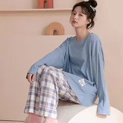 New Autumn Women Pajamas Set Fashion Korean Casual Plaid Sleepwear Student Pijama Suit Ladies Long-Sleeved Trousers Home Clothes