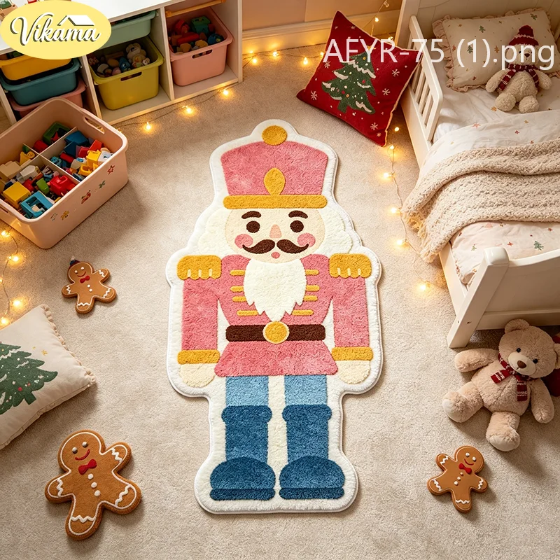 VIKAMA Nutcracker Soldier Shaped Plush Rug Soft Anti‑Slip Floor Mat Christmas For Entryway Bedroom Home Decor