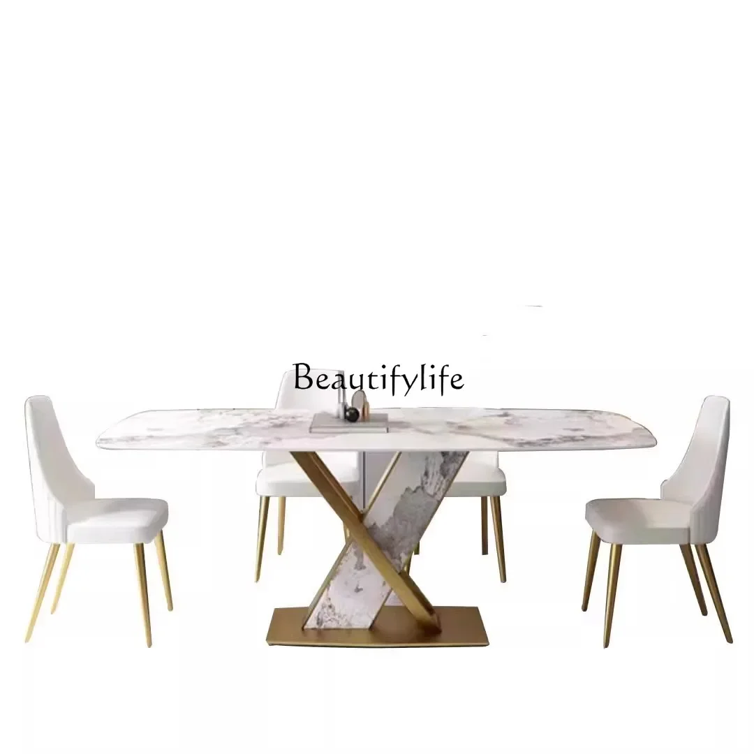 

Modern simple high-end light luxury rock slab dining table household marble table rectangular dining table