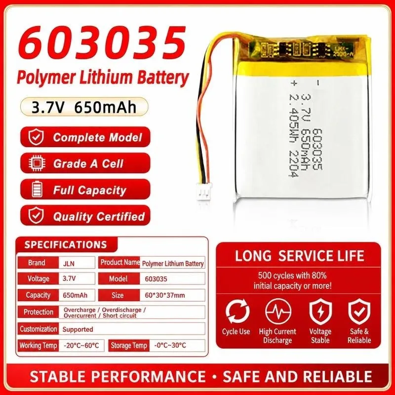 3pcs for Polymer Lithium Battery 603035 3.7V 650mAh for Hydration Instrument Electric Toy Beauty Device Power Supply Replacement